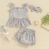 Kledingsets Babymeisjes Shorts Set Mouwhemdje met elastische taille Hoofdband Bloemen zomeroutfit