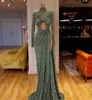 Hunter Green Sequined Side Split Evening Dresses Sexy High Neck Long Sleeves Mermaid Party Dress robe de soire Dubai African Wear 2566887