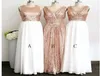 2018 Rose Gold Sequin Top White Chiffon Skirt Long Cheap Bridesmaids Dresses V neck Jewel Style Ruched For Wedding Country Prom Fo2757694