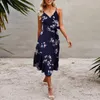 Casual Jurken Dames Zomermode V-hals Taille Tie Mouwloos Halter Boho Strand Bloemenprint Een Lijn Lange Jurk Zonnejurk