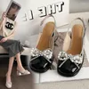 Dress Shoes Rhinestone Bow Sandals Stubby Heels Round-Toe Mary Jane Pumps Extra Wide Fat Large Size 7mm High Heel Summer Women