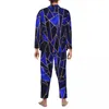 Men's Sleepwear Blue Geometry Pajama Set Gold Line Print Lovely Men Long-Sleeve Casual Daily 2 Piece Nightwear Plus Size