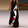 Sukienki swobodne moda ludzka twarz nadrukowana maxi sukienka 2024 elegancka zabytkowa letnia bez rękawów szlafrok drewna na dno