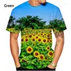 Camisas masculinas 2024 Girassol Planta Flor 3D Impressão T-shirt e Moda Feminina Verão Casual Manga Curta