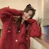 Women's Knits Christmas Korean Version Cherry Design Sense Knit Cardigan Sweater Coat Women 2024 Autumn Winter Red Casual Loose Inside Top