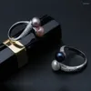 Cluster Rings Real 925 Sterling Silver Double Pearl Women Daughter Gift Bridal Black Ring