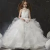 Vestidos de niña de flores para boda, elegante, blanco, cuello alto, princesa, Apliques de encaje, gorro, fiesta de noche, vestido de baile de primera comunión