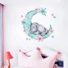Acuarela durmiendo bebé elefante en la luna pegatinas de pared con flores para habitación de niños bebé pegatinas de pared de habitación PVC3195