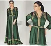 2019 Emerald Green Moroccan Caftan Long Sleeve Evening Dresses Custom Make Gold Embroidery Kaftan Dubai Abaya Arabic Evening Wear 1657005