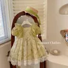 Sommer-Prinzessin-Kleid, runder Kragen, Puffärmel, koreanischer Stil, Baby-Party mit grüner Blumenspitze für Kinder E2011 240301