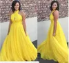 Bright Yellow evening dresses plus size 2019 prom dress Halter Chiffon evening gowns Floor Length Party Dress3412049