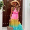 Zomer dames sexy diepe V mouwloze chiffon jurk stiksels midi