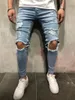 Męskie dżinsy męskie kolano streetwearu Zgrane chuda hip hop moda estroyowane spodnie ołówkowe solidny kolor męski stretch swobodne dżinsowe duże spodnie