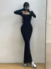 WOMENGAGA Sexy Square Collar Long Sleeve Fishtail Dress Tight Figure Wrap Hip Super Long Dresses Fashion Korean Tops E83H 240309