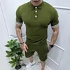 Camisa polo de botão de manga curta masculina de duas peças 2024 conjunto de moda verão masculino casual camiseta e shorts conjunto 240311