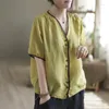 Blouses Femmes Chemises Femmes Vintage Col V Demi Manches Cardigans Coton Lin Casual Style Coréen Simple Boutonnage Chemisier Une Pièce Tops