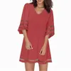 Casual Dresses Summer Dress Sexig Fashion Women Mesh Patchwork 3/4 Bell Sleeve Loose A-Line V Nexk Tunic Vestidos Robe