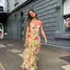 Vestidos casuais bagunços de babados estampas de flores maxi moda de moda bohe sem mangas bodycon vestidos feminino férias de praia túnica longa