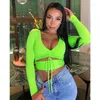 Women's T Shirts Sexy Deep V Neck Drawstring Tie Bare Midriff Shirt Women Long Sleeves Bottoming Ladies Tee Tops Camisetas Mujer