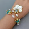 YYGEM 37mm mop Shell Flower Charm 2 Rows Freshwater Cultured White Baroque Pearl Cz Chain Beaded Wrap Bracelet 240305