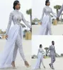 2020 underbara jumpsuits med löstagbara tåg bröllopsklänningar höga nackpärlor kristall långa ärmar blygsam bröllopsklänning afrikan br2927208