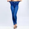 Cintura alta faux jean leggings fino elástico sem costura plus size magro lápis calças feminino bolso treino correndo 240227