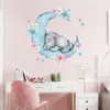 Acuarela durmiendo bebé elefante en la luna pegatinas de pared con flores para habitación de niños bebé pegatinas de pared de habitación PVC3195