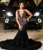 Obsidian Crystal Beading Tassels Mermaid Prom Dress for Black Girls Sheer Mesh Top Sequined Lace Feather Formal Party Gowns 0311 329 329