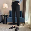 British Style Men Men High Caist Casual Dress Pant Belt Design Slim Troushers Office Office Social Wedding Party Fester calças 240305