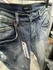 713 ROXO Alta Qualidade Mens Jeans Angustiado Motociclista Jean Rock Skinny Slim Rasgado Buraco Stripe Moda Snake Bordado Denim Calças