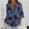 Kadın bluz gömlekleri kadın bluz yaprağı baskılı v boyun retro üç çeyrek kollu gömlek kontrastlı yumuşak nefes alabilen ladys otkyv
