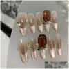 Unhas Falsas 10 Pcs Removível Toffee Marrom Francês Artificial com Olhos de Gato Designs Estilo Inverno Amêndoa Press em Long Drop Delivery Curar Ot2La