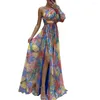 Casual Dresses Women Evening Dress One Shoulder Backless Colorful Flower Print Single Long Sleeves Side Split Hem Pleated Floor Length Slant