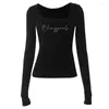 Mulheres Camisetas PixieKiki Letras Strass Camisa Manga Longa Scoop Neck Y2K Crop Tops para Mulheres Streetwear Preto Gráfico Tees P85-BD16