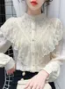 Damen-T-Shirt, elegante französische Bluse, Damen-Temperament, süße Rüschen, lockere lässige Oberteile, Frühling, langärmelig, Streetwear, Aprikosen-Shirts, 240311