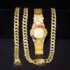Strengen ketting horloge armband hip hop Miami Curb Cubaanse ketting goud kleur Iced Out verharde strass bling rapper sieraden voor mannen 230613