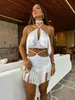 Zomer Sexy Kwastje Vrouwen Tweedelige Bikini Set Halter Kanten Beha Kwastje Mini Rok Pak Strand Vakantie Casual Vrouwelijke Badpak 240311