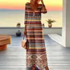 Casual Dresses Vintage Maxi Dress Bohemian V Neck For Women Retro Ethnic Print Long Sleeve A-Line Randig Pullover Summer Style