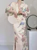 Casual Jurken Vrouwen Elegante Satijnen Lange Jurk Sexy V-hals Hoge Taille Afdrukken Bloemen Lente Zomer Vintage Gewaad Vestidos