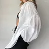 Damesblouses Wit damesoverhemd met lange mouwen Lantaarn Doorzichtige losse eenvoudige vrijetijdsjas Kantoorblouse Geplooid Dames Zonnebrandcrème