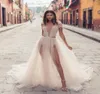 Julie Vino 2019 Sexy Praia Vestidos de Noiva Ilusão Corpete Renda V Neck Backless Coxa Alta Fenda Vestidos de Noiva Moda Boho Wedding3776965