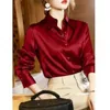 Bluzki damskie Kobiety z długim rękawem Koszule Faux Silk Bluzka biuro damskie Tops Koreańskie szyk guziki odzieżowe