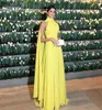 Dubai Formal Dress Women Elegant Chiffon Ruched High Neck Cape Yellow Evening Vestido Longo Festa6198310