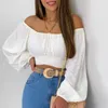 Women's T Shirts Vintage Printed Blue Tight-Fitting Short Tops Women Spring Autumn 2024 Fashion Casual Sexy Off Shoulder Shirt