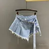 Irregular Pink Denim Skirt Womens Summer High Waist Slimming False Two-Piece A- Line Workwear Short Mini Skirts 240309