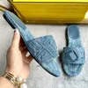 Fashion Blue denim Slippers designer sandals womens sandal Flat Sandals Vacation beach sandals Wide band slides Made worn look blue denim with quilted motif