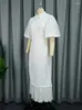 파티 드레스 여성 결혼식 손님을위한 흰색 레이스 우아한 회전 칼라 퍼프 슬리브 주름 밑단 미디 드레스 고급스러운 행사 옷