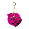 Porte-clés mignon strass léopard coeur forme Pom porte-clés boule de fourrure porte-clés moelleux anneau accessoires voiture sac charme cadeaux pour fille