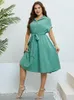 Plus Size Kleider GIBSIE Solide Halbknopf-Hemdkleid mit Gürtel Damenmode Sommer Kurzarm Damen Casual Midi A-Linie 2024