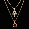 Ciondolo croce con strass egiziano Ankh Key of Life con pendenti rotondi in rubino rosso collane Set gioielli Hip Hop da uomo246Z